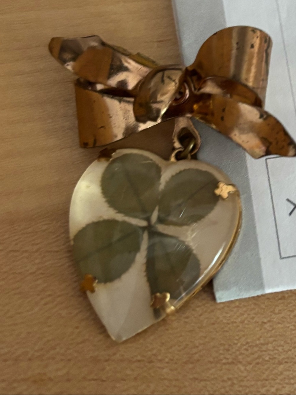 Vintage HTF Bow Dangle Four Leaf Clover pin gold toned shamrock